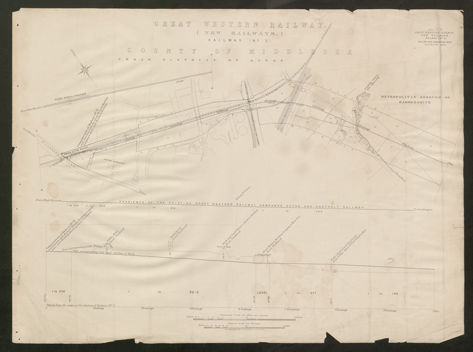 Central Line underground tube plan. Hanger Lane-North Acton-East Acton 1905 map